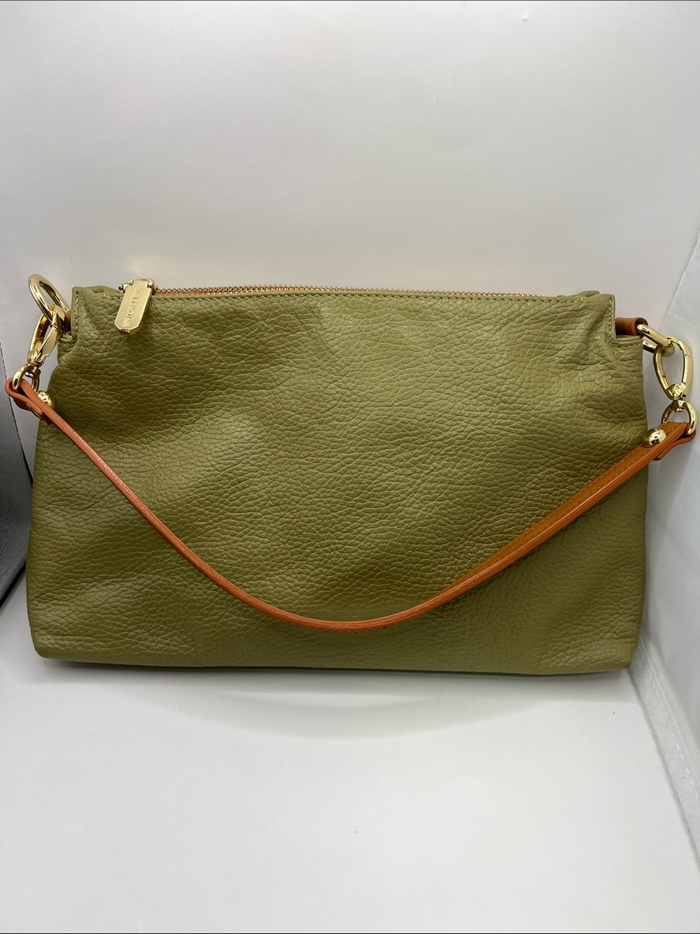 Valentina Olive Green Leather Shoulder Bag with Tan Strap